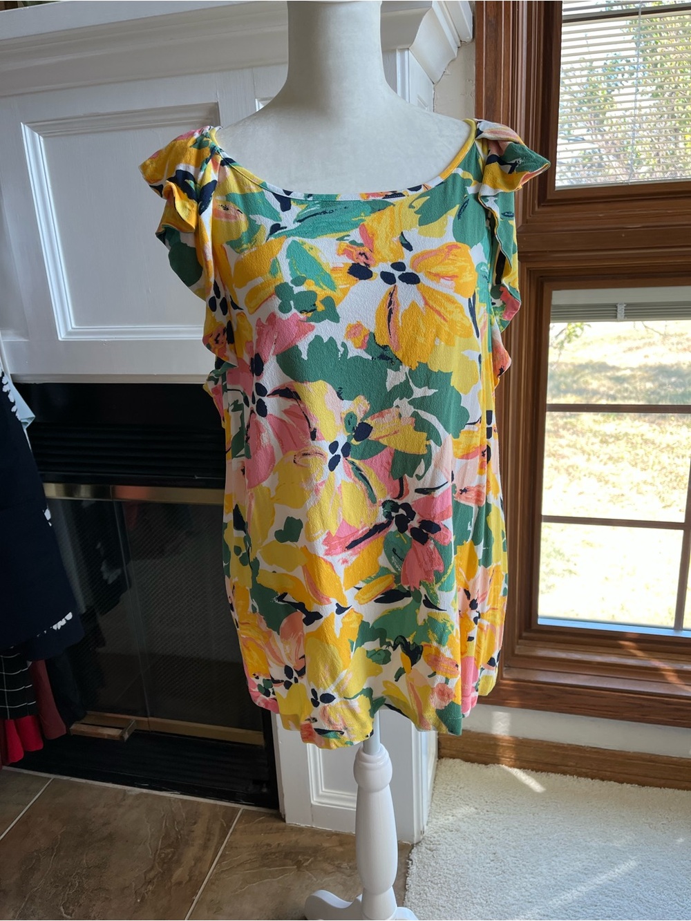 LOFT Yellow Floral Ruffle-Sleeve Top
